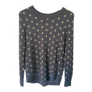 Loft Pullover Navy Gold Wool‎ Blend Polka Dot Knit Crewneck Sweater Size Small